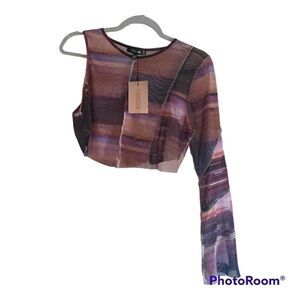 Missguided Geo Second Skin Mesh Asymmetrical On Sleeve Crop Top